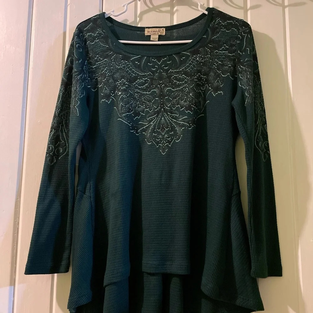 One World waffleknit stretch bling top-small NWOT